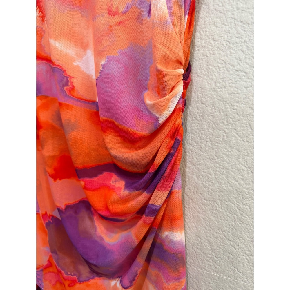Rachel Roy Ruffle Mini Dress Multicolor XL Watercolor Mesh Ruched Asymmetrical - Picture 5 of 8